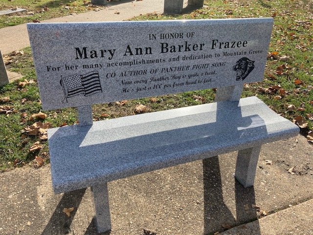 The memorial bench placed in honor of the late Mary Ann Barker Frazee on the square in Mountain Grove.